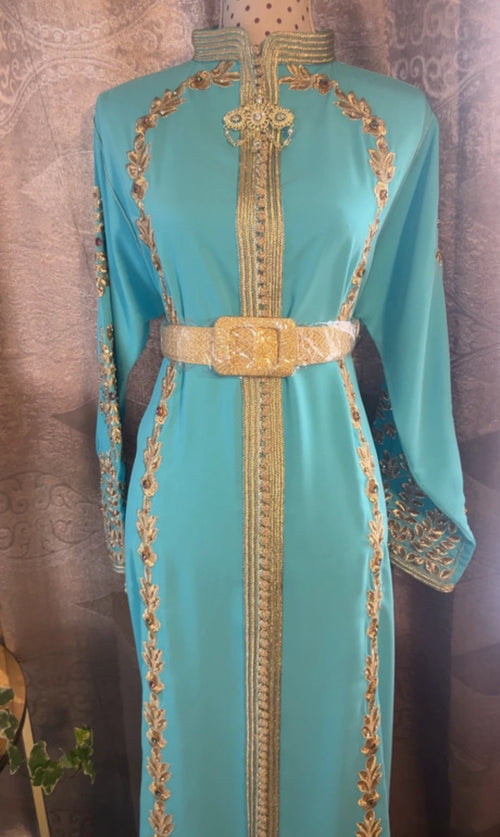 Caftan Bleu Clair Orné de Broderie Tarz Rabati